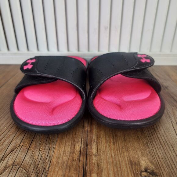 Under Armour Ignite VI Slides Youth Size 2Y Black Pink Adjustable Strap Sandals - Picture 2 of 9